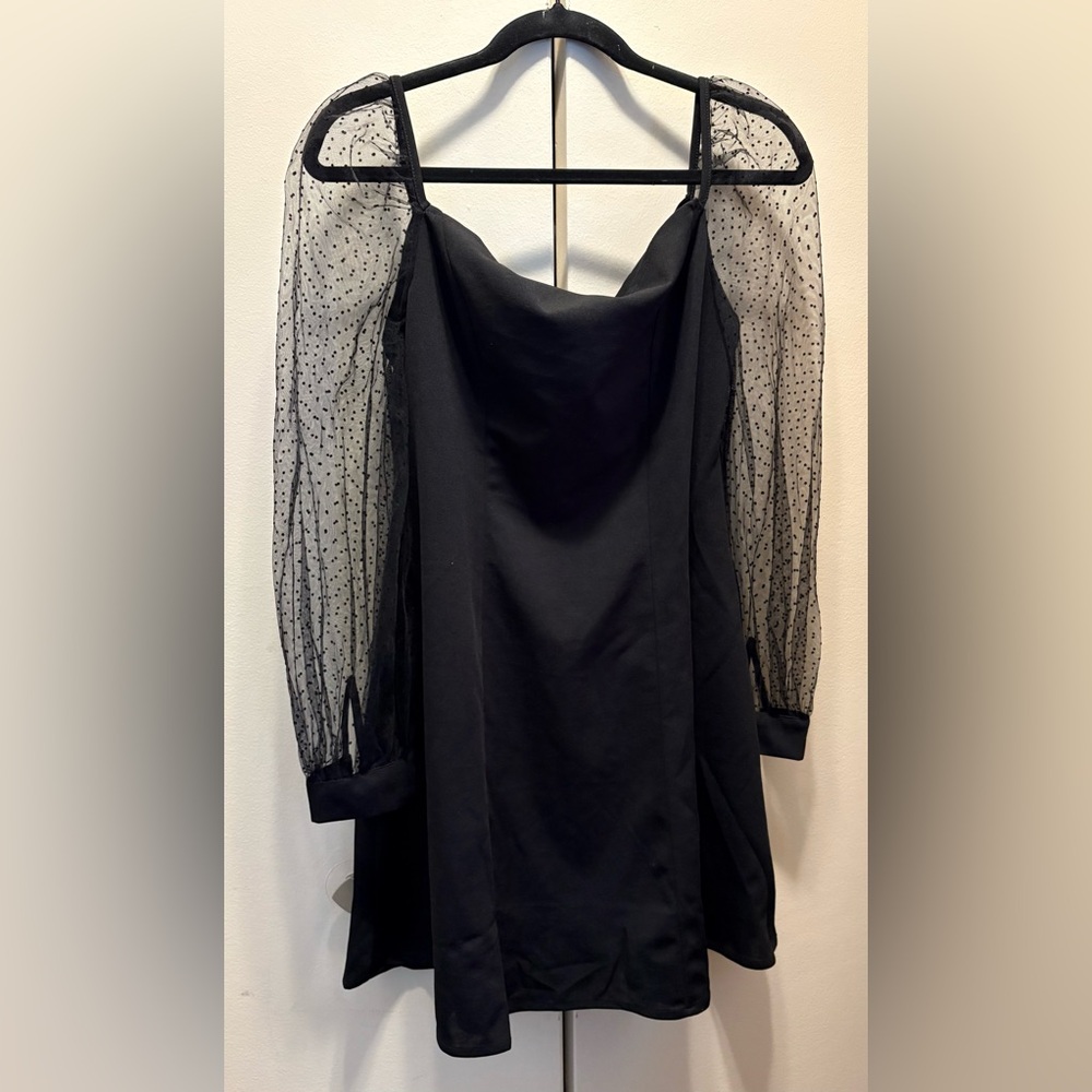Elegant Black Dress with Sheer Polka Dot Sleeves